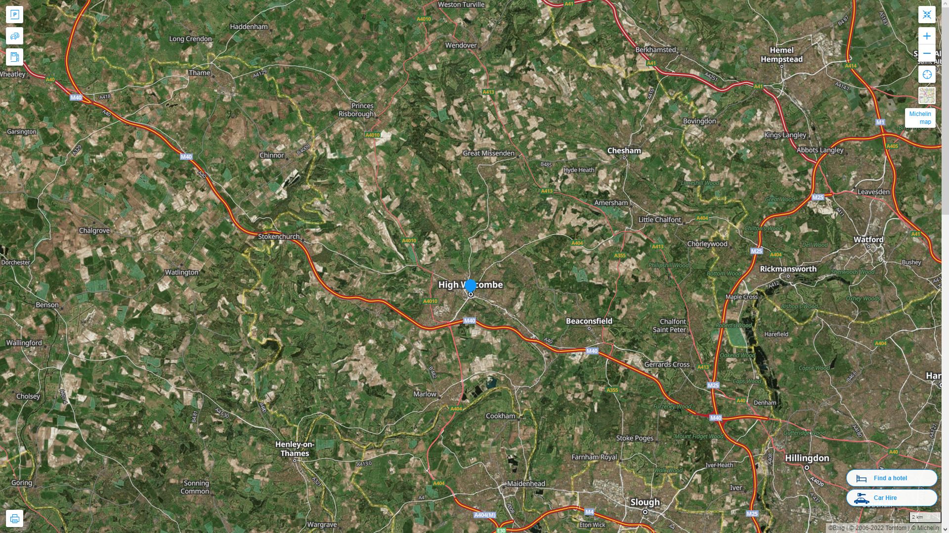 High Wycombe Royaume Uni Autoroute et carte routiere avec vue satellite